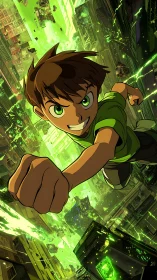 Boy hero rockets through neon city with green energy.