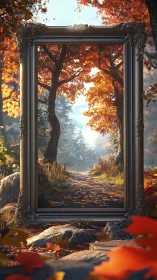 Framed forest pathway aligning with autumn woodland scene.