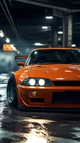 Orange tuner coupe dominates wet urban underground scene.