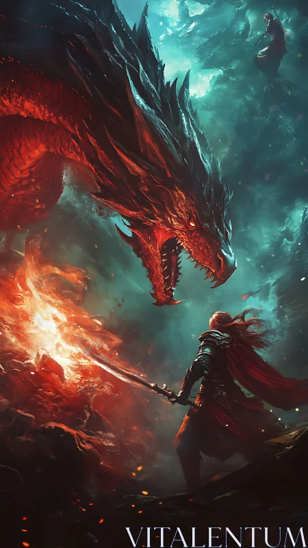 Armored warrior confronts infernal dragon in fiery clash.