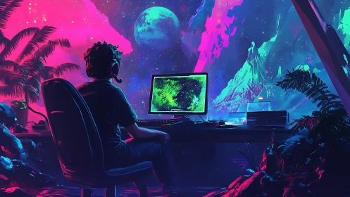 Neon cosmic workstation in immersive digital painting style.