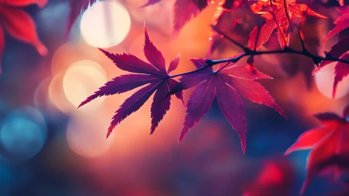 Red maple leaves glow against dreamy autumn bokeh background.