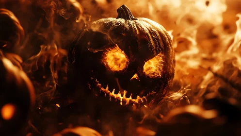 Burning jack o lantern in thick swirling orange smoke.
