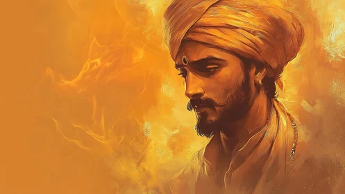 Warm-toned digital portrait of turbaned man with soft brushwork