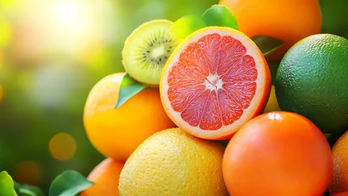 Citrus slice closeup with kiwi in vivid natural sunlight.