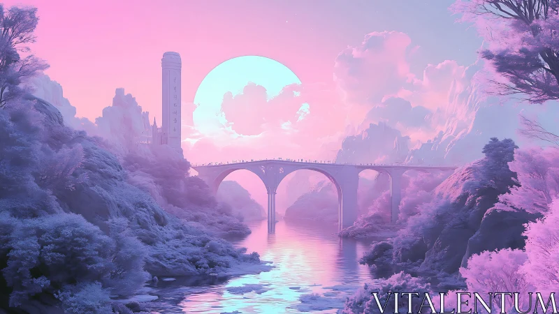 Pastel celestial bridge spans ethereal valley under oversized sun