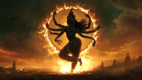 Divine multi-armed dancer encircled by blazing solar halo.