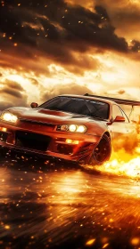 Orange drift car burns across wet asphalt under storm sky
