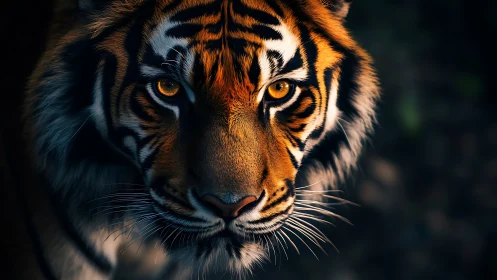 Cinematic close-up portrait isolates a tiger in low-key light