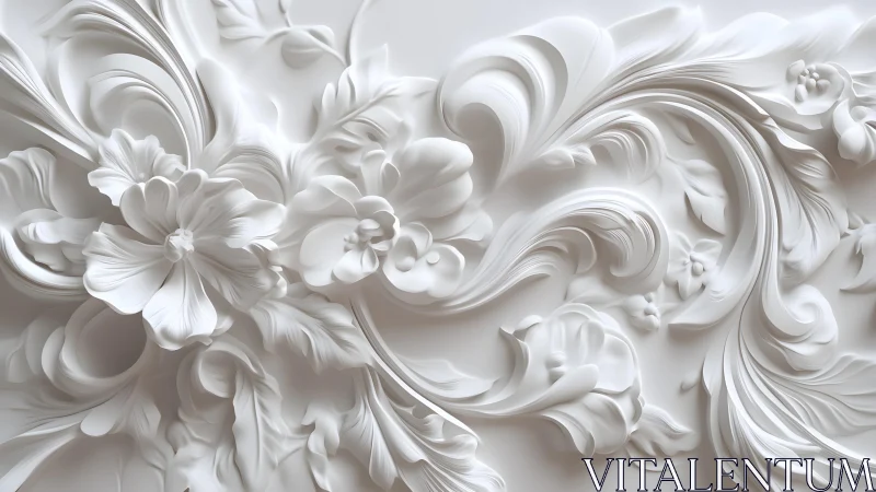 Elegant white floral relief sculpture with intricate baroque details. Elegant white floral relief sculpture with intricate baroque details.