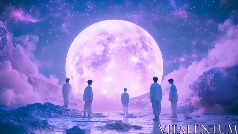 Surreal lunar horizon tableau with five silhouetted figures.