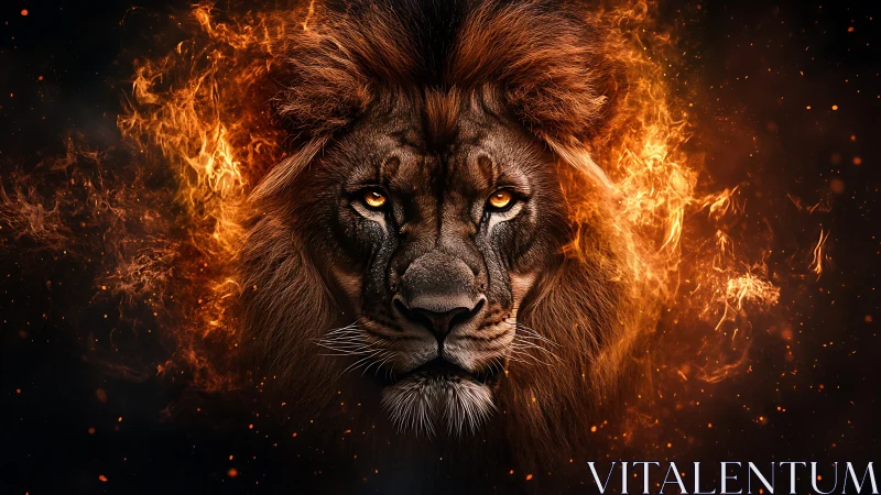 Lion head portrait framed by stylized surrounding flames.