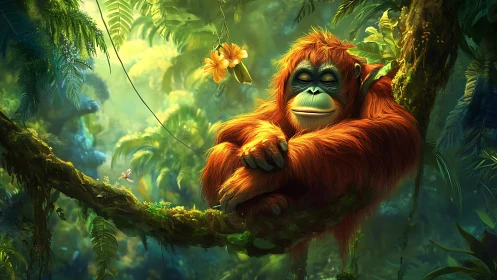 Orange-furred ape resting on mossy jungle tree branch.