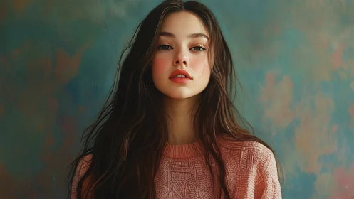 Soft-lit digital portrait of young woman in textured knitwear