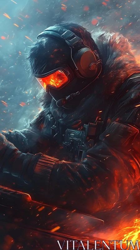 Armored gamer immersed in molten neon battlefield interface