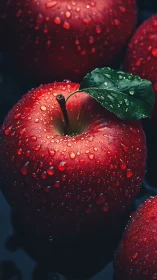 Juicy red apples rest in cool water, shining with dewdrops