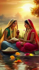Two women sharing food by riverside at warm golden sunset.