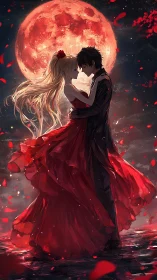 Lovers in crimson embrace beneath a burning blood moon.