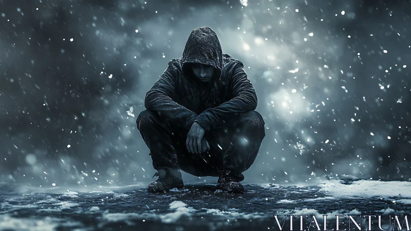 Hooded figure crouches in blizzard under cold blue light.