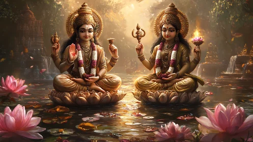 Graceful goddesses of light resting on glowing lotus blooms.