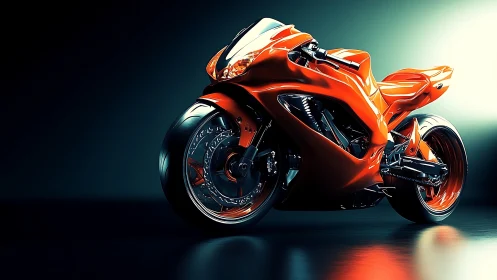 Futuristic orange sport motorcycle under dramatic studio light.