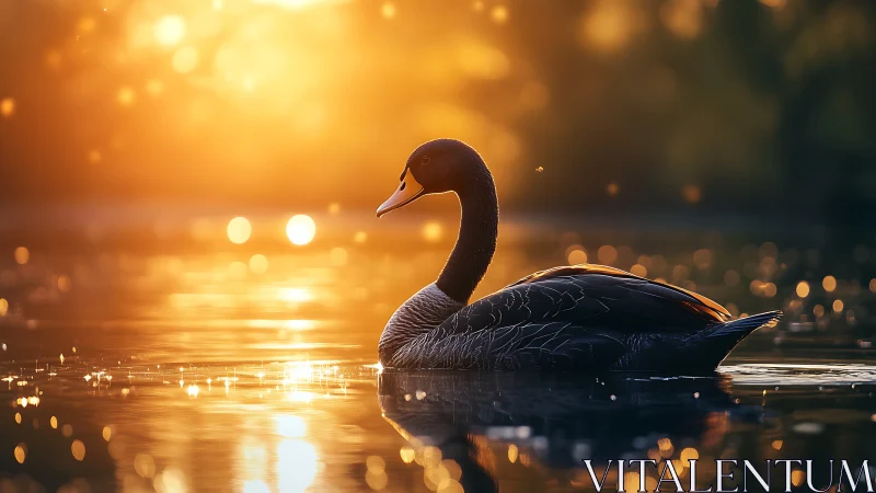 Golden sunset illuminates a tranquil black swan on water.