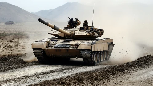 Main battle tank advancing through arid test range terrain.