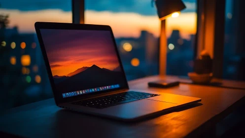 Laptop workspace glows against sunset city skyline backdrop.