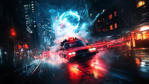 Spectral pursuit cruiser in neon-saturated urban downpour.