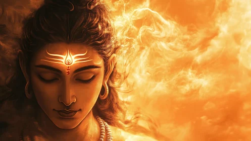 Serene divine face glows within swirling golden light.