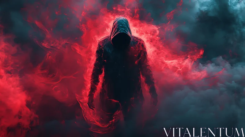 Mysterious hooded figure walking through glowing red mist.