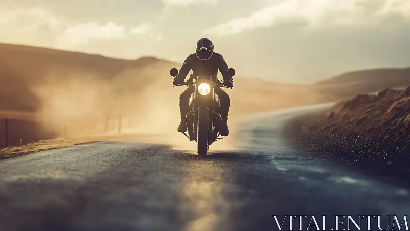 Sunlit motorbike ride along a quiet, winding country road.