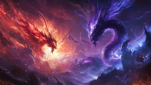 Elemental dragon figures in opposing luminous nebula field.