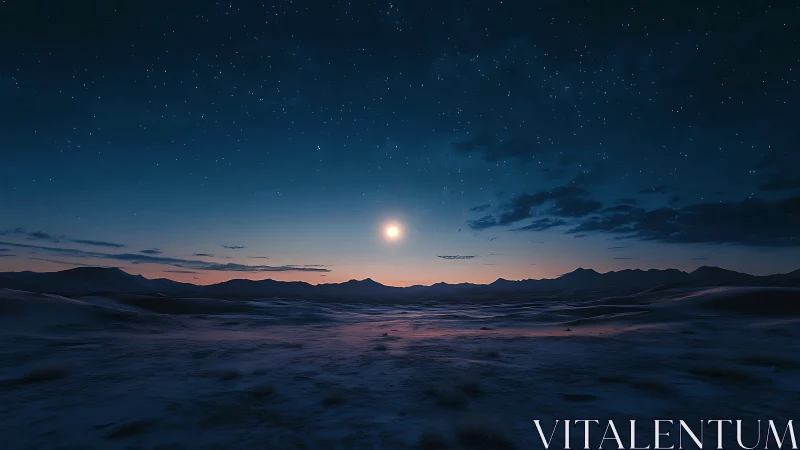 Midnight sun strolls over frost-kissed desert hushscape.