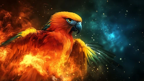 Fiery Parrot in Cosmic Fantasy Art with Vivid Flames and Colors.