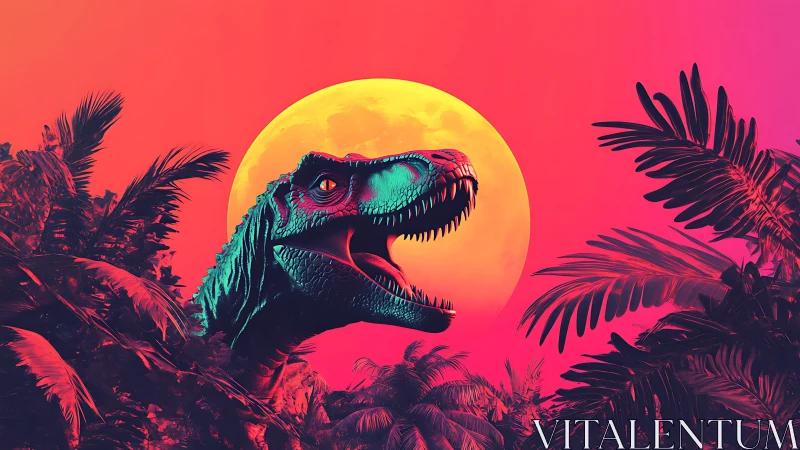 Neon jungle sunset with a roaring retro T. rex dreamscape.