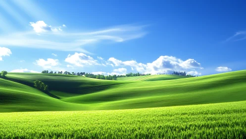 Gentle green hills rolling under bright, storybook skies.