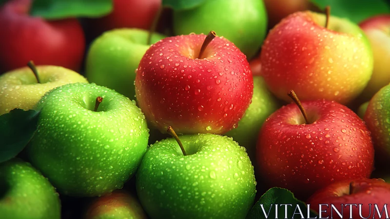 Fresh red and green apples glisten with dewy water droplets.