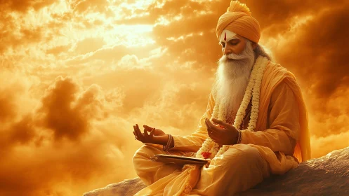 Elderly robed man seated on rock under orange clouded sky.