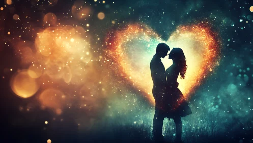 Silhouetted couple embraces within luminous heart of golden bokeh particles.