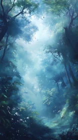 Ethereal Forest Canopy with Atmospheric Light Diffusion and Volumetric Mist