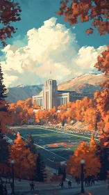 Sunlit campus stadium wrapped in cozy autumn color glow.