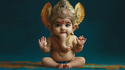 Adorable baby in golden Ganesh costume sharing gentle joy.