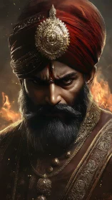 Portrait of bearded man in ornate turban with flaming backdrop.