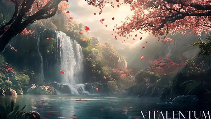 Serene waterfall with cherry blossoms over calm blue lake.