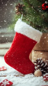 Red Christmas stocking hangs softly amid snowy pine branches