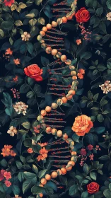 Blooming DNA strand winds gently through lush garden roses