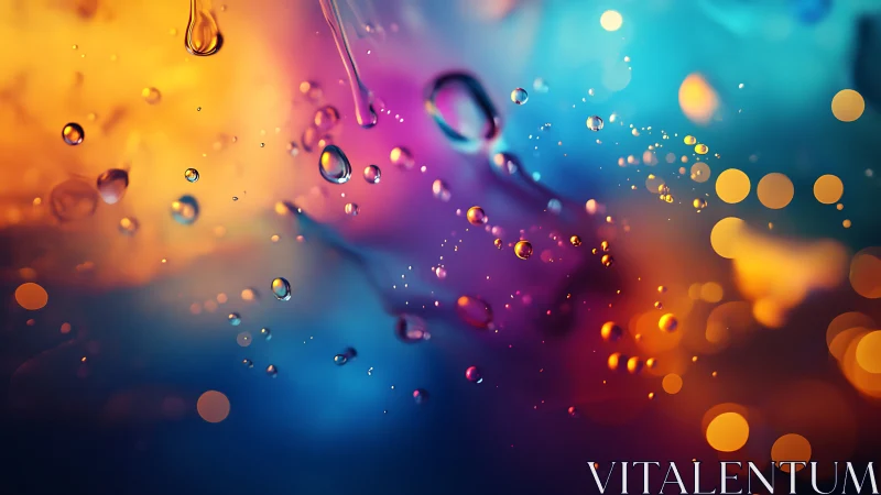 Color-saturated water droplets suspend against neon bokeh glow