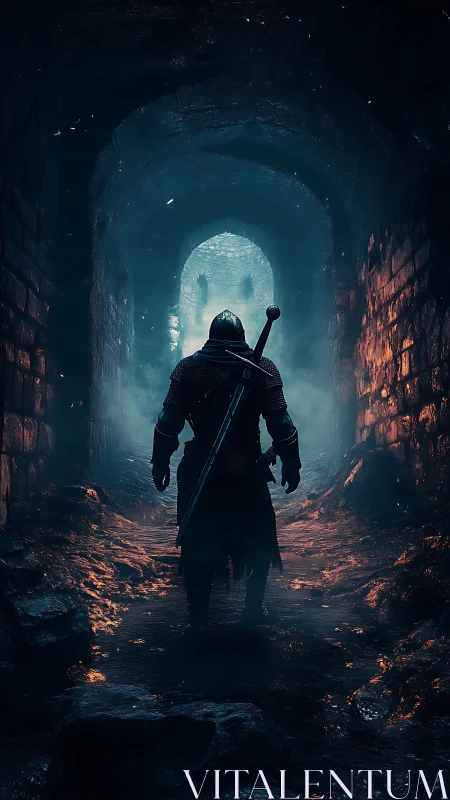 Armored warrior stalks burning tunnel under cold blue haze.