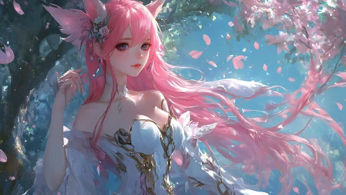 Fox-eared enchantress beneath luminous cherry blossoms.